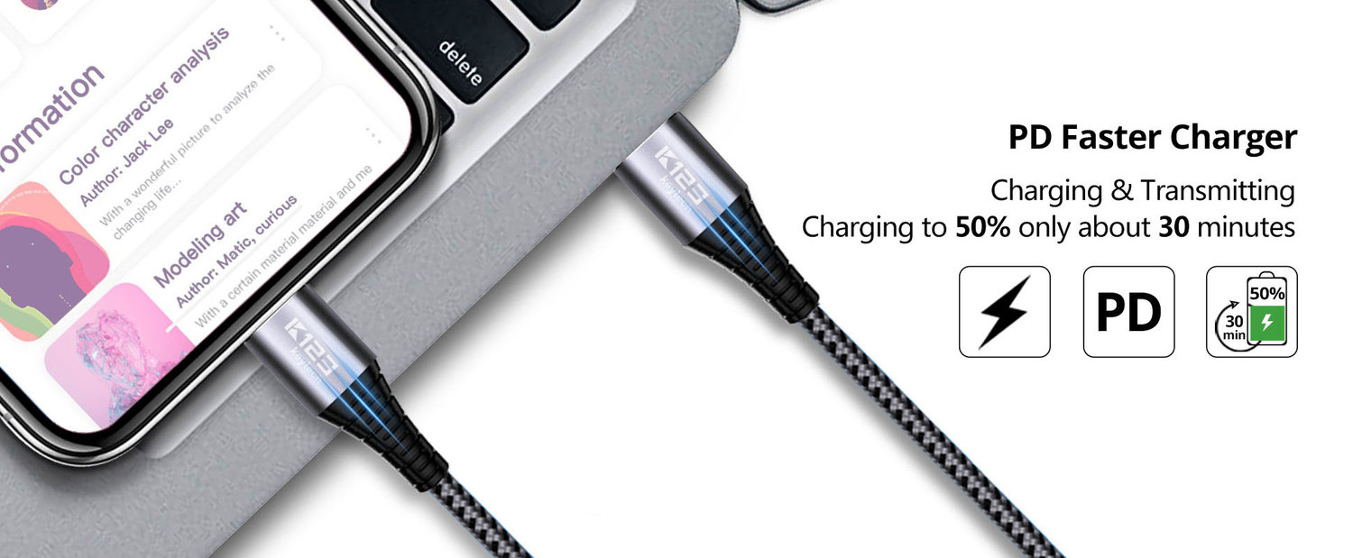 KAL020 023 3A PD Fast Charging Cable Lightning to Type C Nylon Braided Data Cable for iphone 12 /11/8/X/Xr ipad